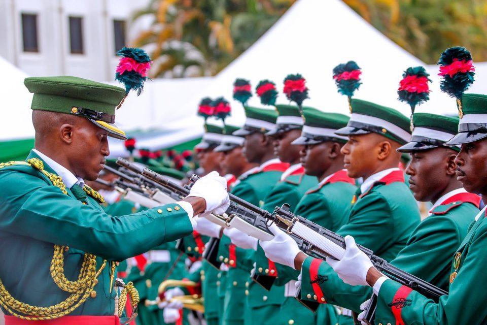 Nigerian Army honour guard inspection in full ceremonial uniform